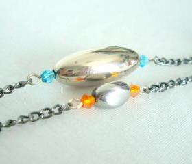 Long Silver Necklace Orange Blue 
